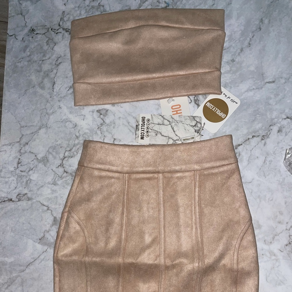 Suede nude two piece top and skirt set